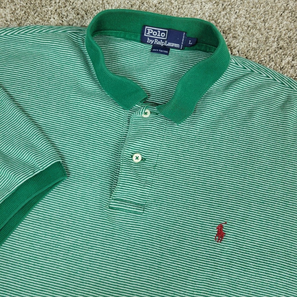 Vintage Polo‎ Ralph Lauren Mens Large Green White Striped Stretch Knit SS